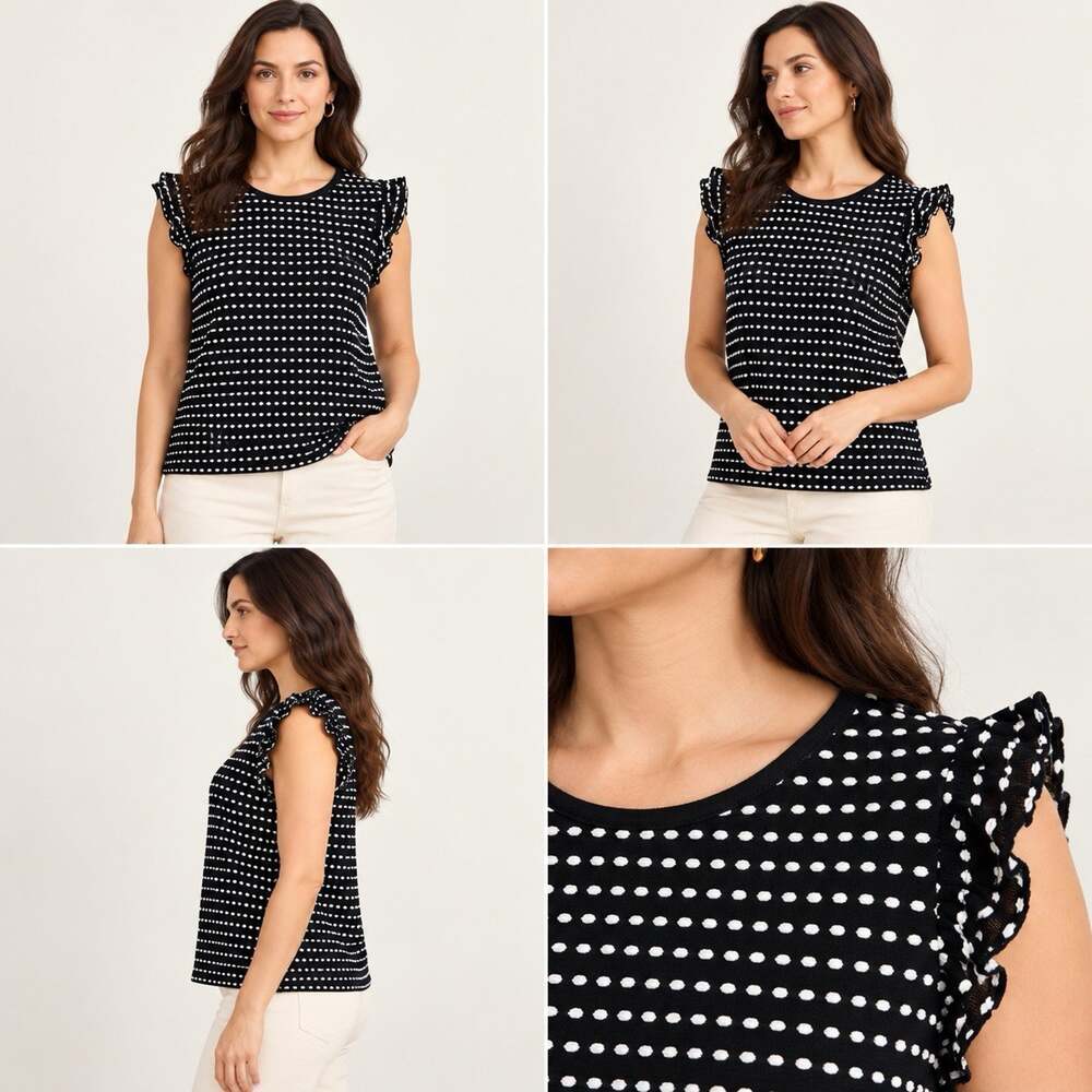 LOFT Top Womens Large Black White Textured Dot Ruffle Sleeve Keyhole Blouse